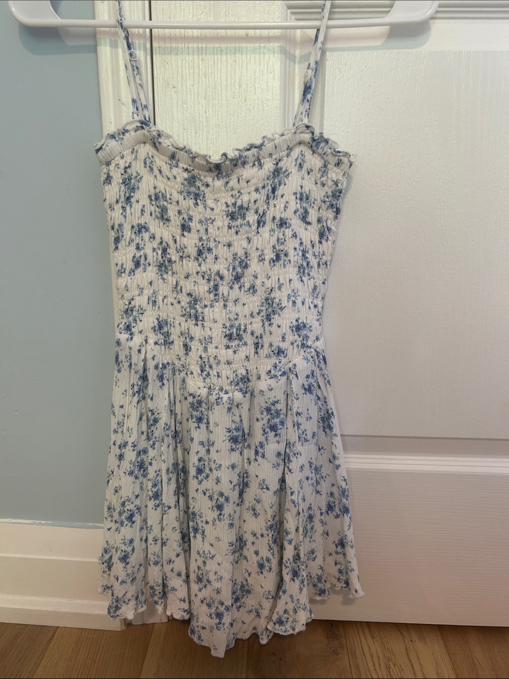 Woman’s Garage White Dress with Blue Floral Smocked Bodice and Built in Shorts
